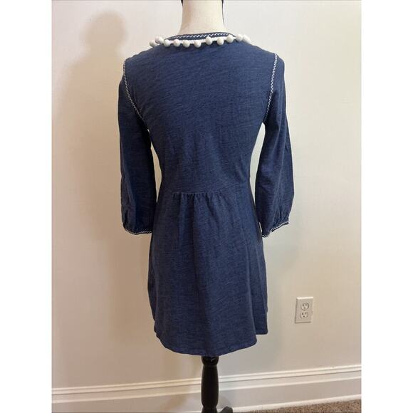 Boden Dress Size 4 Blue Cotton Pockets Pom Pom Accent Long Sleeve - Picture 7 of 11